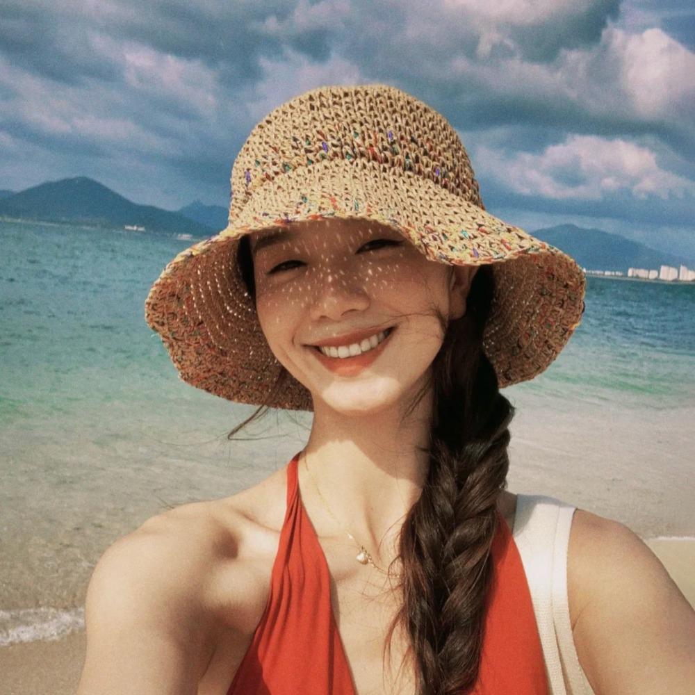 UV Protection Woven Fisherman Hat Rainbow Weave Straw Cap Fashion Lafite Straw Hat  Vacation
