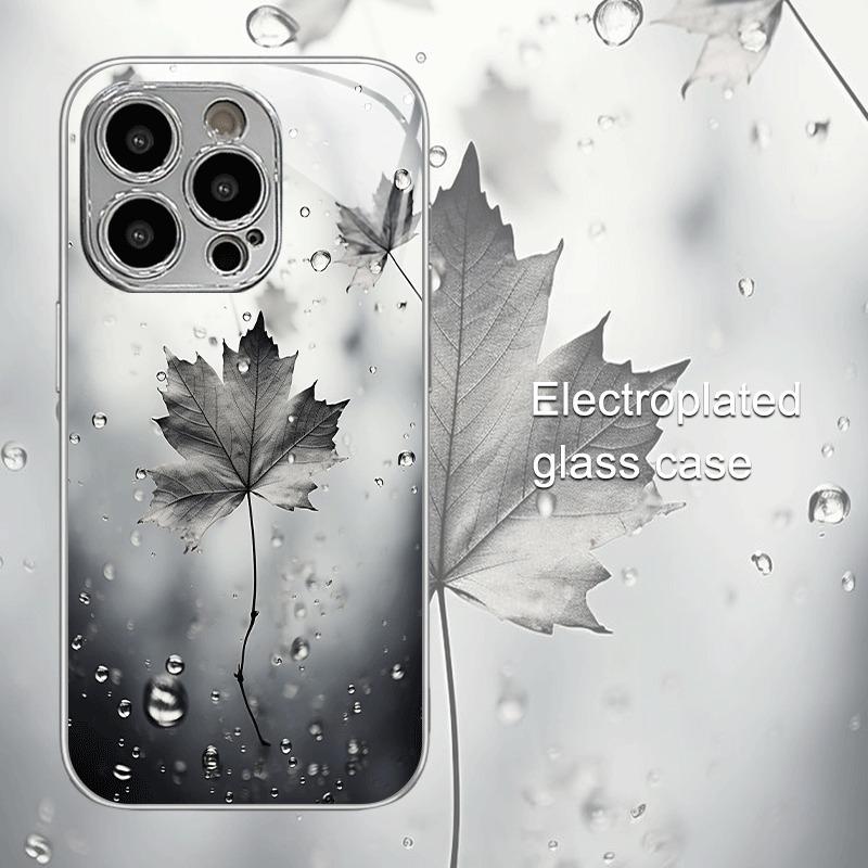 Gray Rainy Maple Leaf Pattern Electroplated Silver Glass Phone Case For iPhone 17 16 15 14 13 12 11 Pro Max Plus 16E 17Air Cover