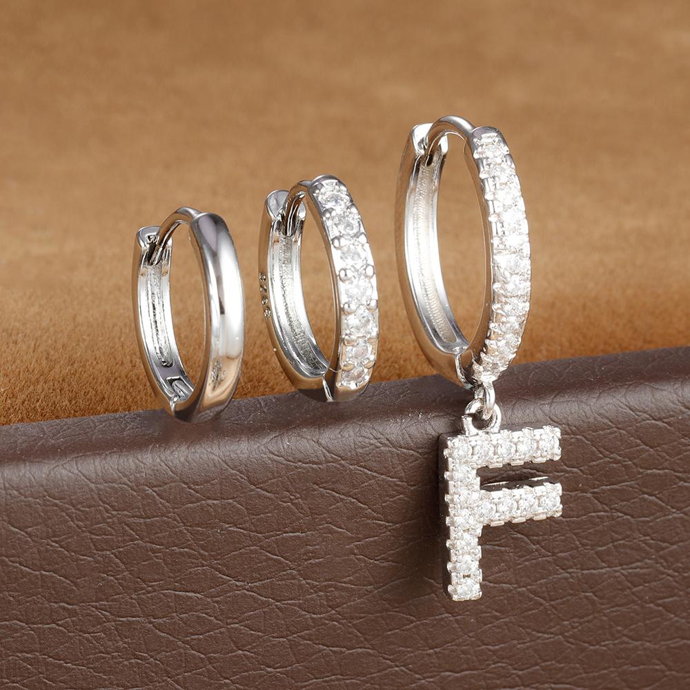 3pcs Silver Color Stainless Steel 26 Letters Hoop Earrings Set For Women A-Z Crystal Zircon Geometric Earrings Wedding Jewelry