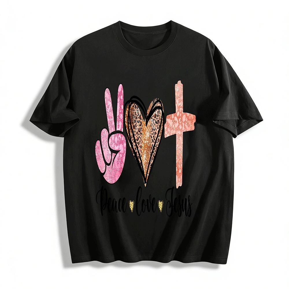Peace Love Jesus Graphic Tee Leopard Heart Cross Print Casual Top Pure cotton T-shirt XXS