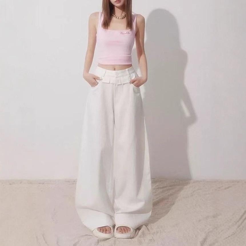 Women s Trendy High Waist Wide-Leg Denim Jeans with Lace Ruffle Large белый