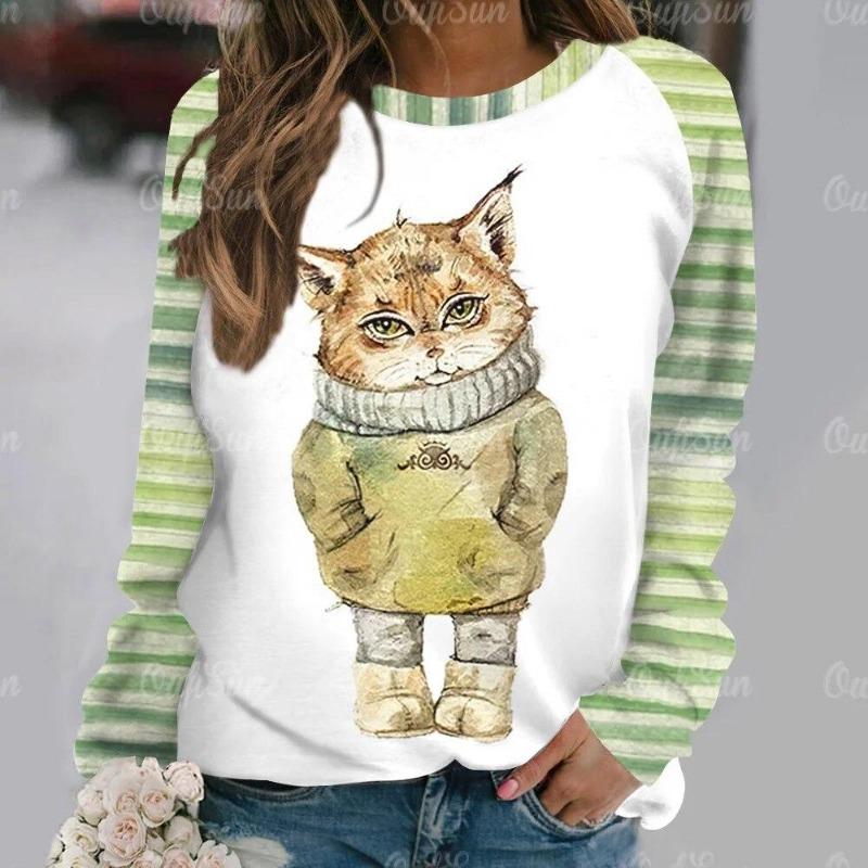 Mode Kawaii Katt Djur Tryck Långärmade T-shirts För Kvinnor Sweatshirts Dam Söt O-Hals Pullover Kvinna T-shirts Topp Kläder