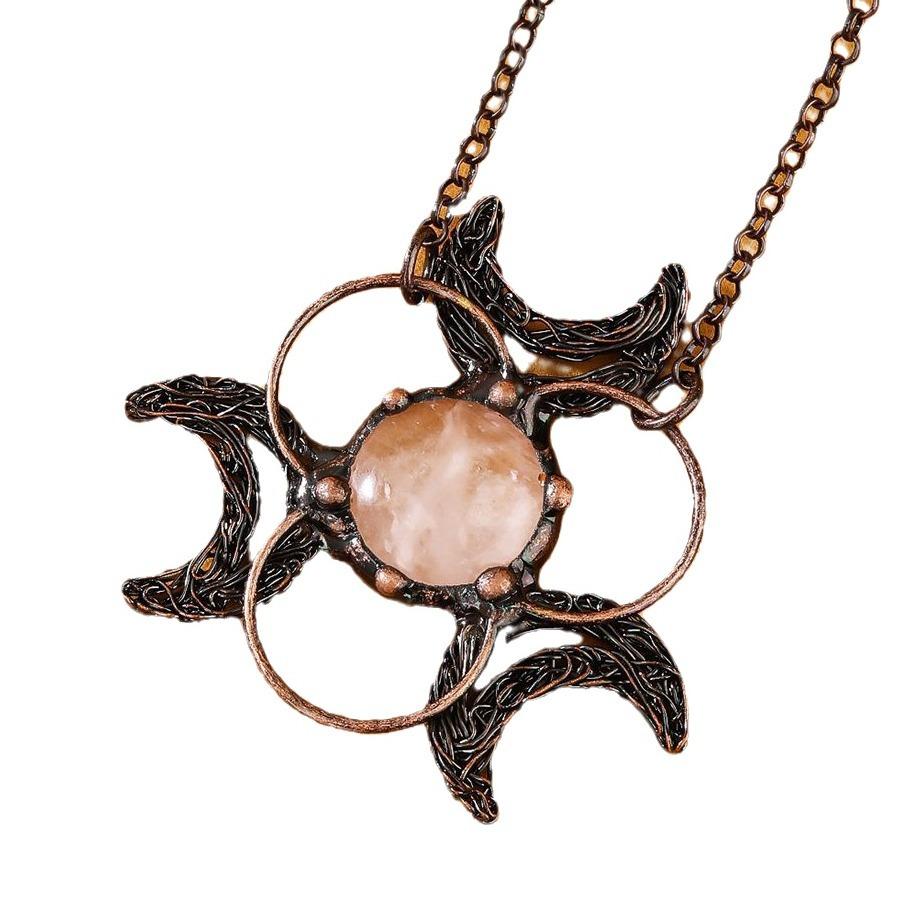 Antique Bronze Plated Natural Crystal Rose Quartz Round Stone Pendants Three Moon Vintage Charms for Jewelry Making Necklaces