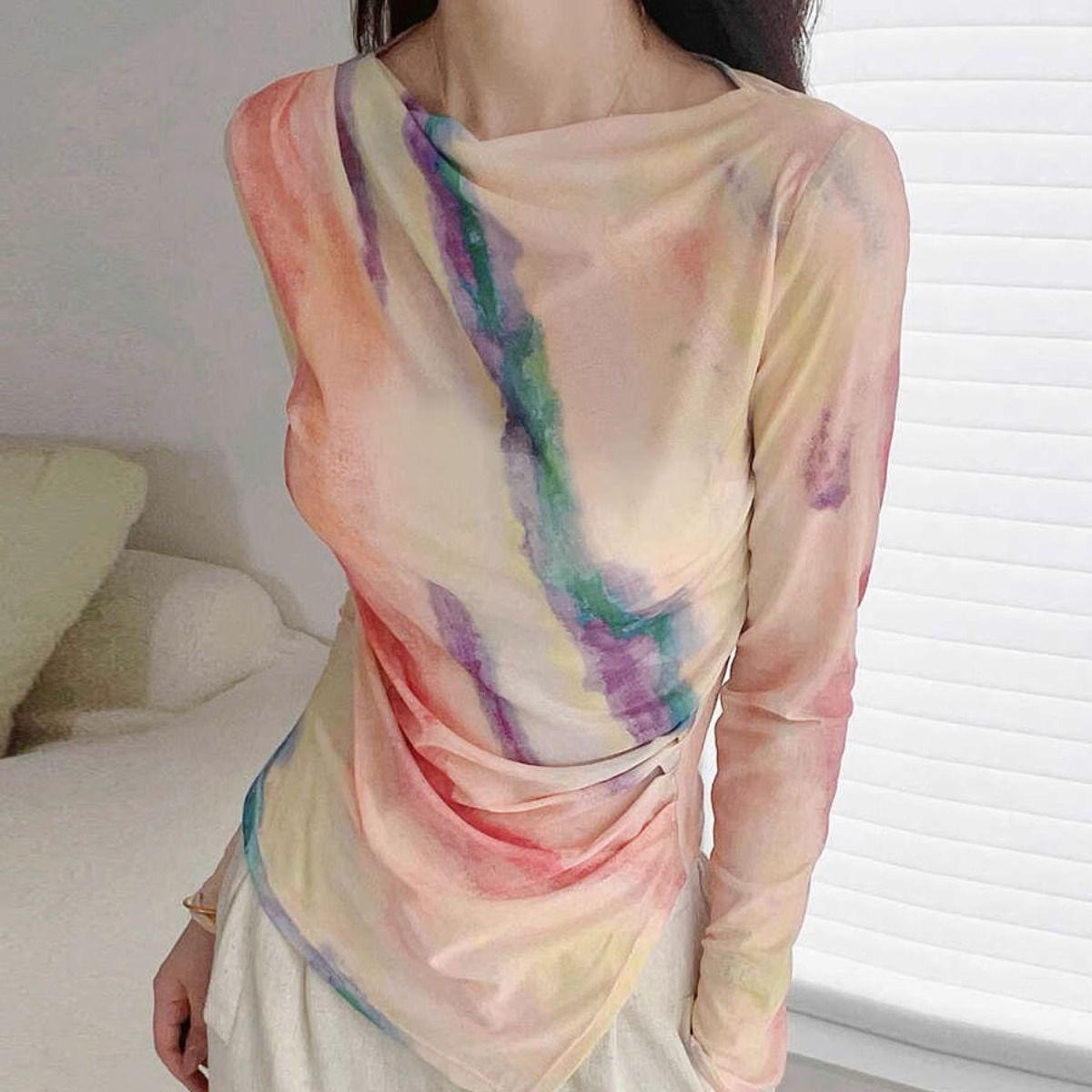 

Топ-сетка с градиентом, омбре, легкий, дышащий, весенне-летний, пуловер с длинным рукавом и драпировкой на шее, эластичный, с неровным низом и сборками XL