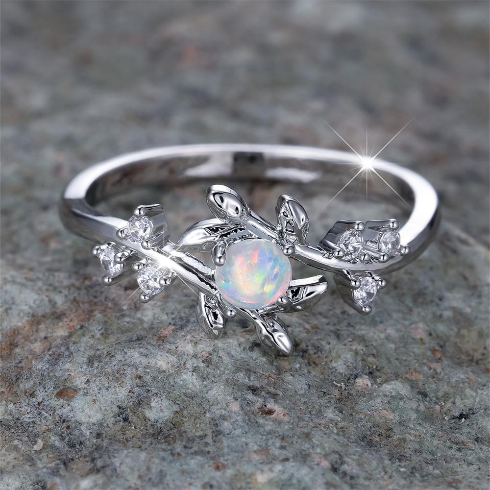 Small Round Stone White Opal Tree Branches Leaf Thin Rings For Women Vintage Silver Color Wedding Bands Birthstone Jewelry Gifts