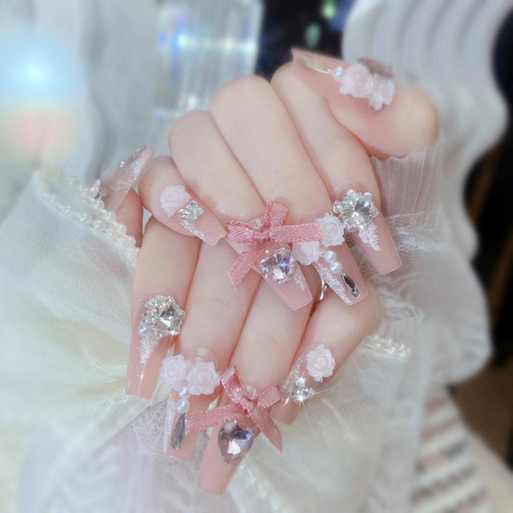 Pink Fake Nails with Rhinestone Decor Sweet & Charming Reusable False Nails for Shopping Traveling Dating