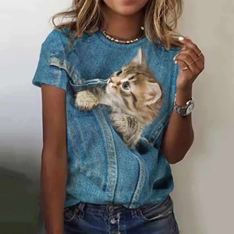 Animal Cat 3D Printed T-shirt for Women's Summer Short Sleeved Cute Animal T-shirt Y2k Harajuku Round Neck T-shirt for Women's Pullover