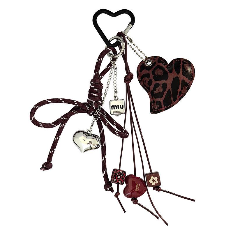 Leopard Print Heart Leather Bow Knot Keychain and Phone Pendant