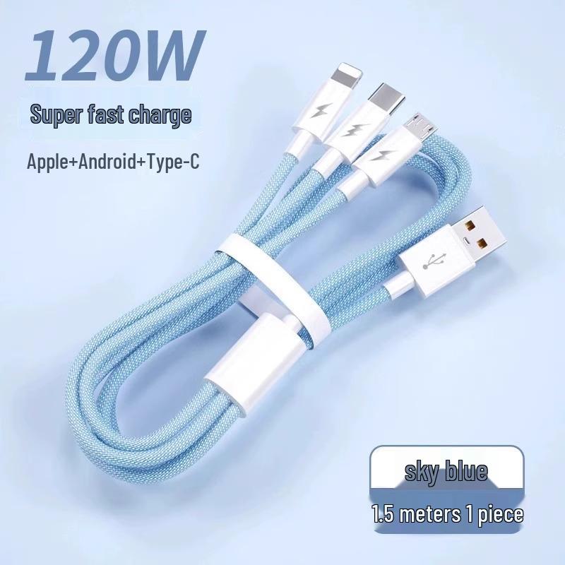 Multi-Head 3-in-1 Fast Charging Cable: 120W for Home, 66W for Car, Compatible with Apple Devices.