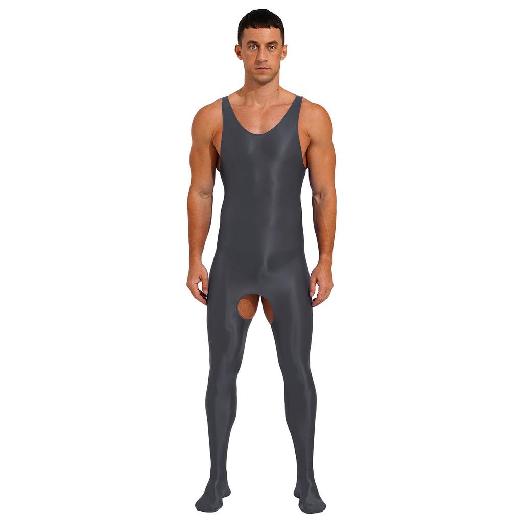Herren-Dessous, glänzend, glatt, dehnbar, ärmellos, U-Ausschnitt, offener Schritt, Ganzkörper-Bodysuit mit Füßen