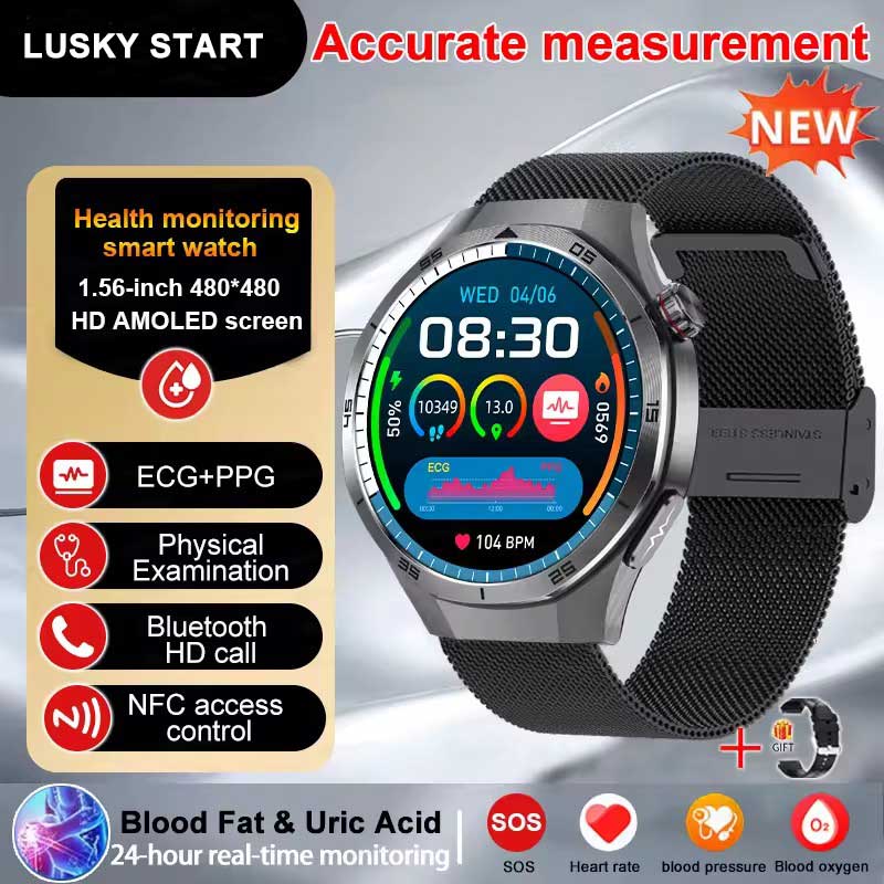 2025 NEW Health Micro Physical Examination Smart Watch ECG BP Blood Oxygen Uric Acid Blood Fat Temp Bluetooth Call SmartWatch