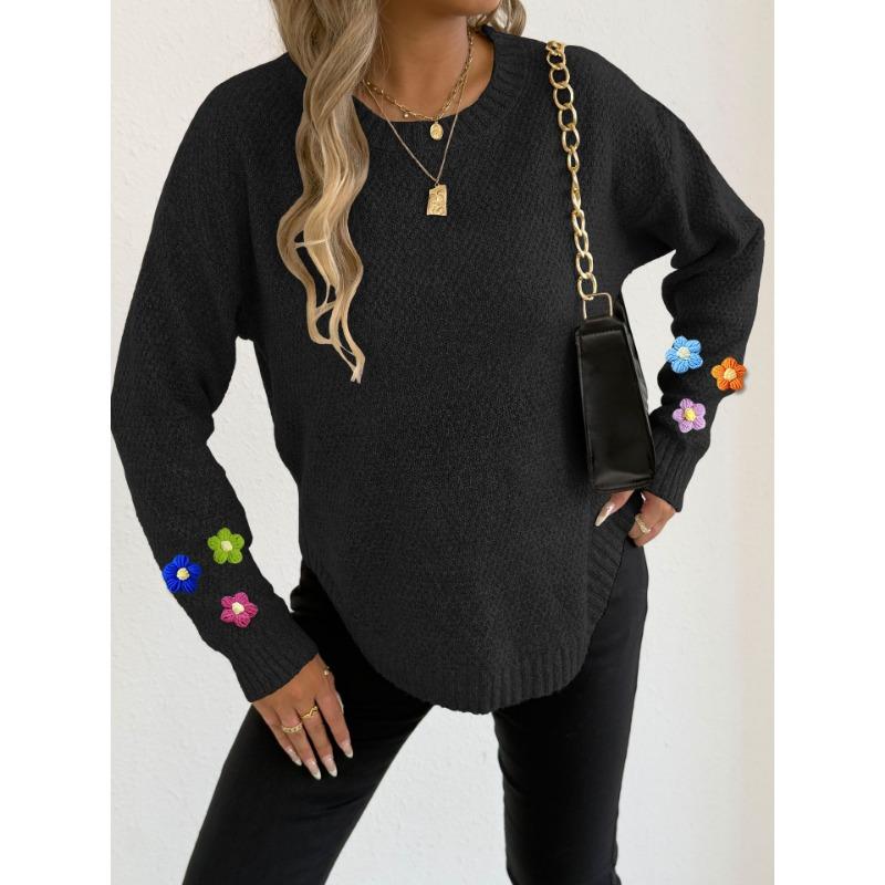 Women European Size Long Sleeve Crew Neck Crochet Flower Patchwork Pullover Sweater