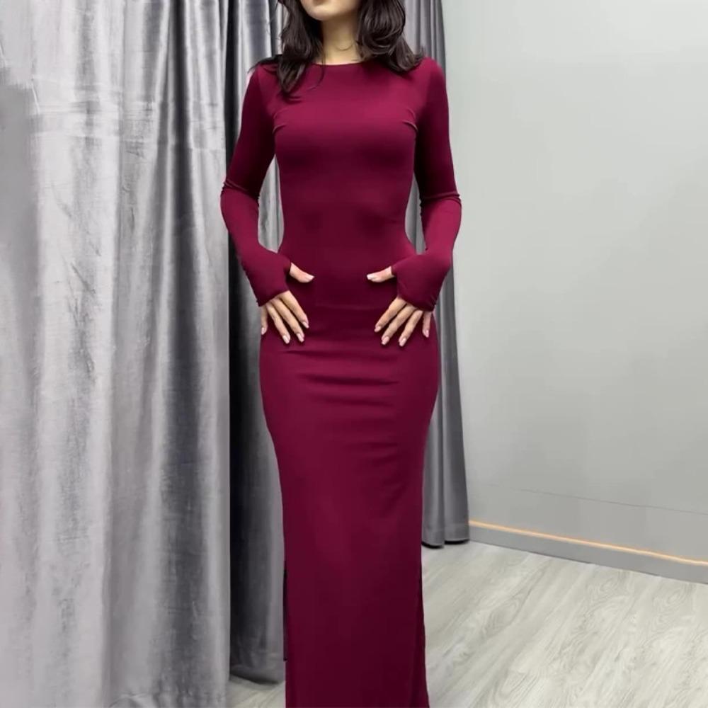Women's Crew Neck Long Sleeve Maxi Dress Slim Fit High Waist Solid Ruched Bodycon Club Dress