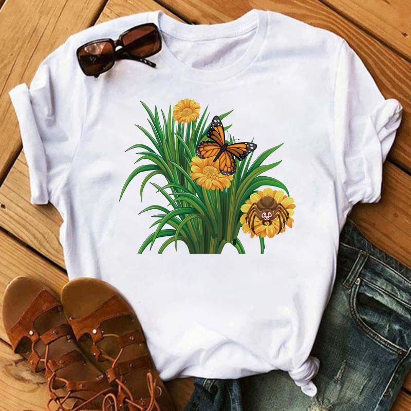 Women Flower Butterfly Fashion Print T Shirt Casual Short Sleeve Ladies T Tee Female Top Shirt Clothes Womens Graphic T-shirt