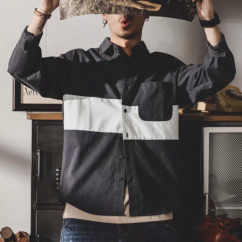 Colorblocking-Arbeitshemd für Herren, langärmelig, locker, gutaussehend, lässig, vielseitig, Spleißhemdjacke, Flut