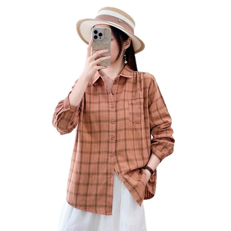 Spring and Autumn new Japanese retro double-layer cotton yarn long-sleeved shirt simple and loose casual versatile pure cotton plaid shirt