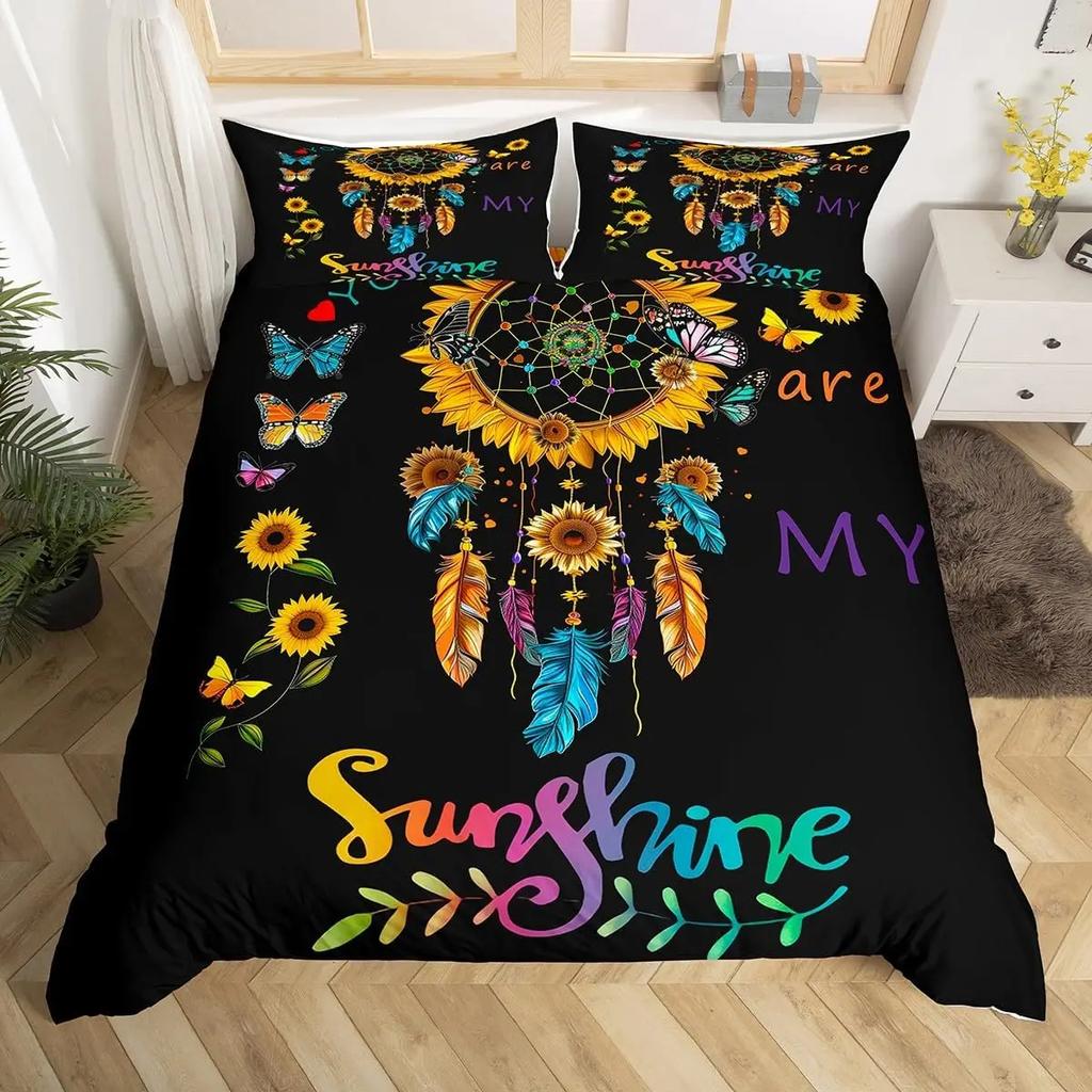 Conjunto de Cama Apanhador de Sonhos Boho Mandala Capa de Edredom Solteiro King, Capa de Edredom Exótica Tribal Pena Céu Estrelado Galáxia