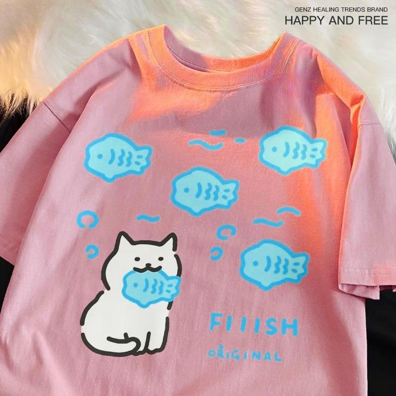 Eating Fish Cat Little Fish Summer Short Sleeved T-shirt Women Breathable Leisure Loose Couple Tee Casual Summer Tee Shirt