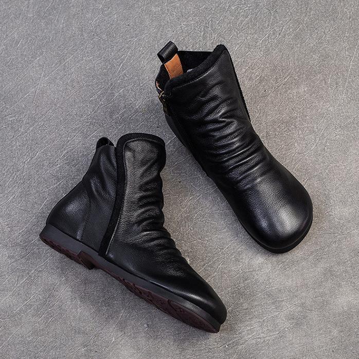 Johnature Echtes Leder Plissee Flache Kurze Stiefel Bequeme weiche Sohle Retro Damenschuhe