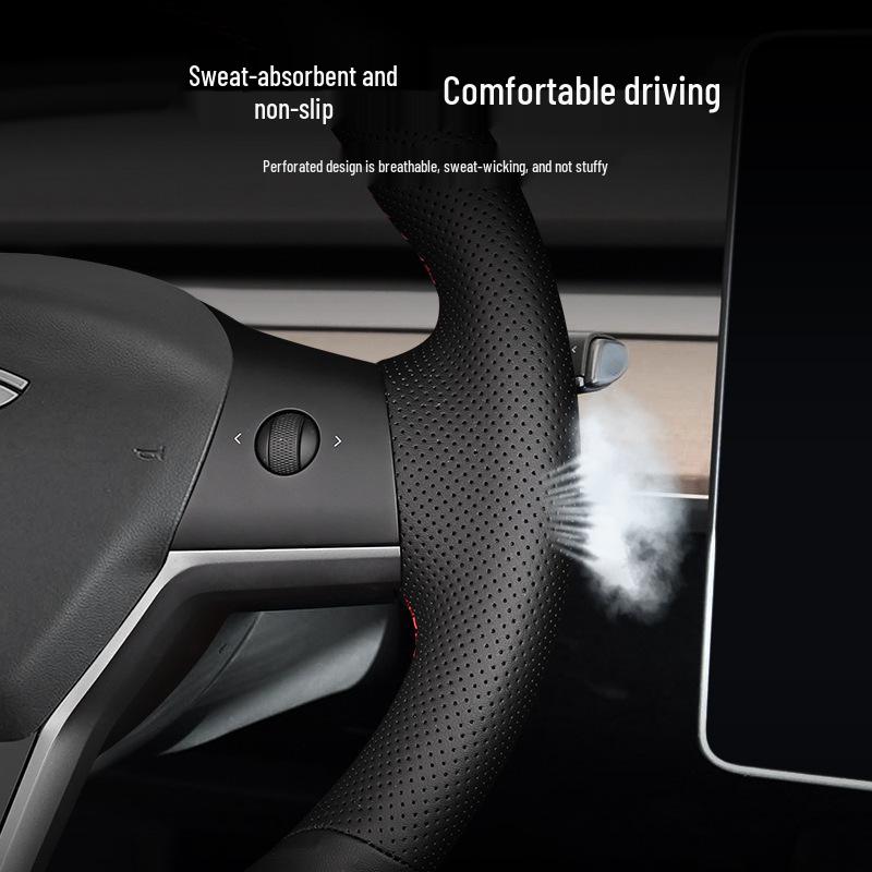 Tesla Hand-Stitched Genuine Leather Steering Wheel Cover for Models 3/Y/X/S - Full Coverage, Anti-Slip Grip.