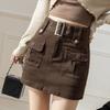 Coffee Brown Denim Mini Skirt Women A-Line High Waist Slim Fit Wrap With Built-in Shorts