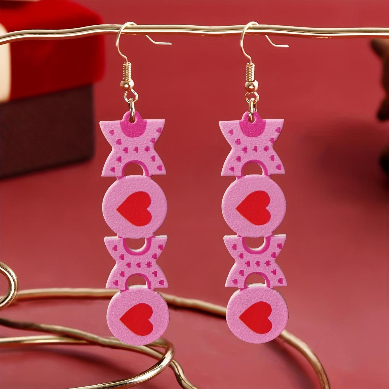 

Valentine s Day Small Fresh Sweet Pink Creative Love Earrings Women s Fashion Personality Wooden Long Earrings