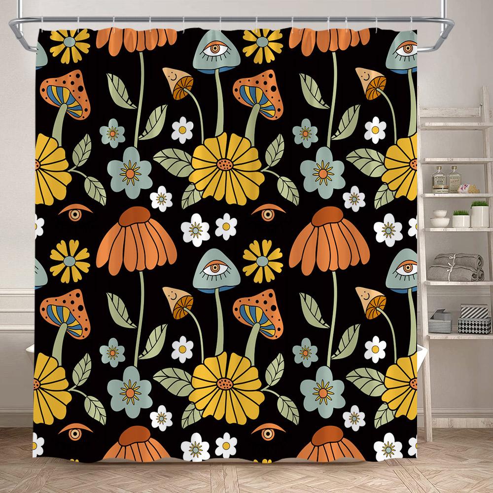 Rustic Mushroom Shower Curtain Floral Plant Leaves Moth Dragonfly Black Bathroom Curtains Polyester Fabric Home Decor with Hooks