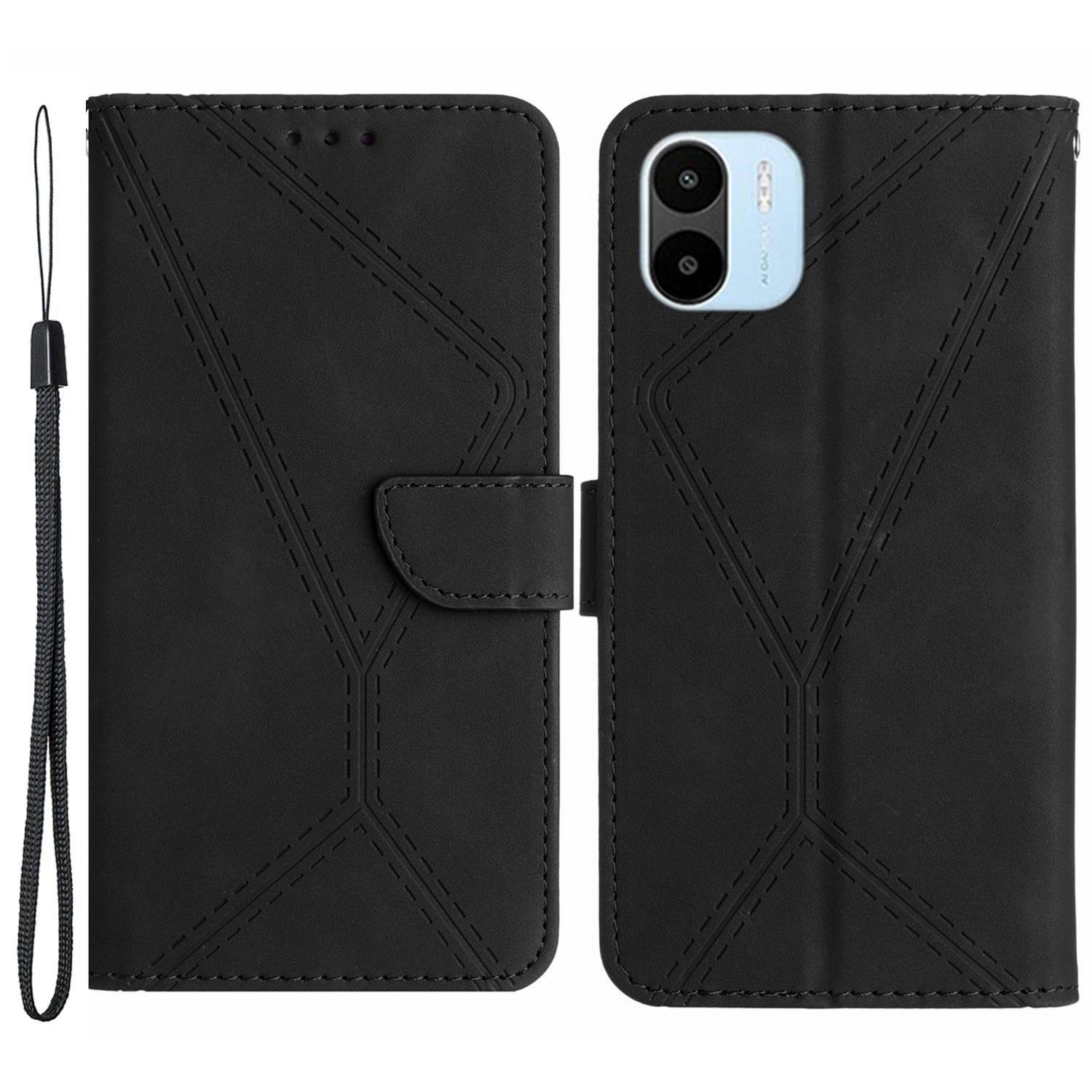 

HT05 For Xiaomi Redmi A1 4G/A2 4G Stand Skin-touch Imprinted Line Phone Case Wallet Leather Cover Black