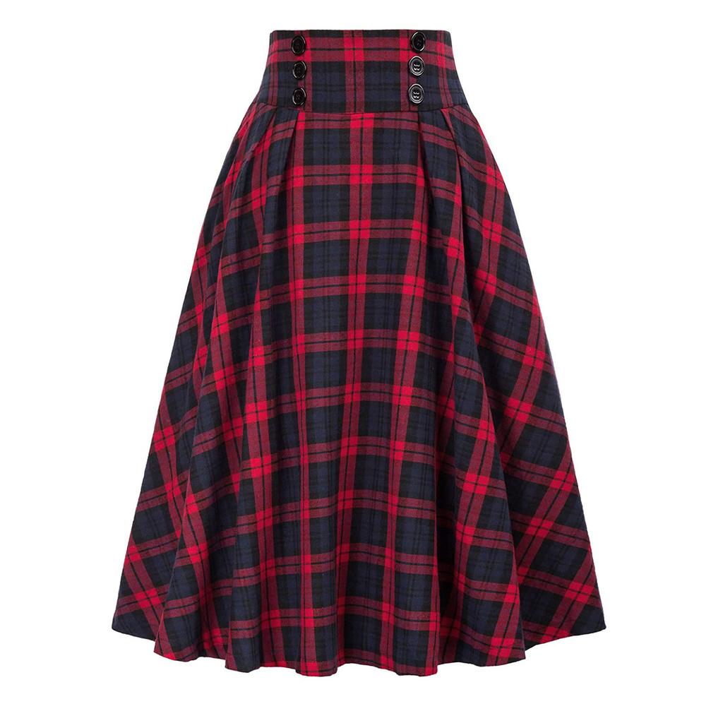 Vintage Women Plaid Skirt Fashion Casual Pockets Vintage High Waist Checked Pleated Skirt Spring Autumn Female Midi Skirts