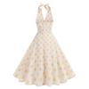 High-waisted polka-dot holiday party cocktail dress: halter neck, open back, sexy full skirt, midi-length dress for women