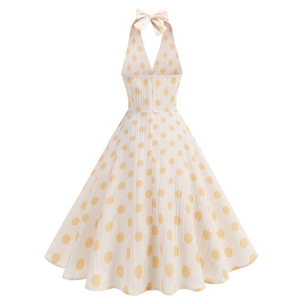 High-waisted polka-dot holiday party cocktail dress: halter neck, open back, sexy full skirt, midi-length dress for women