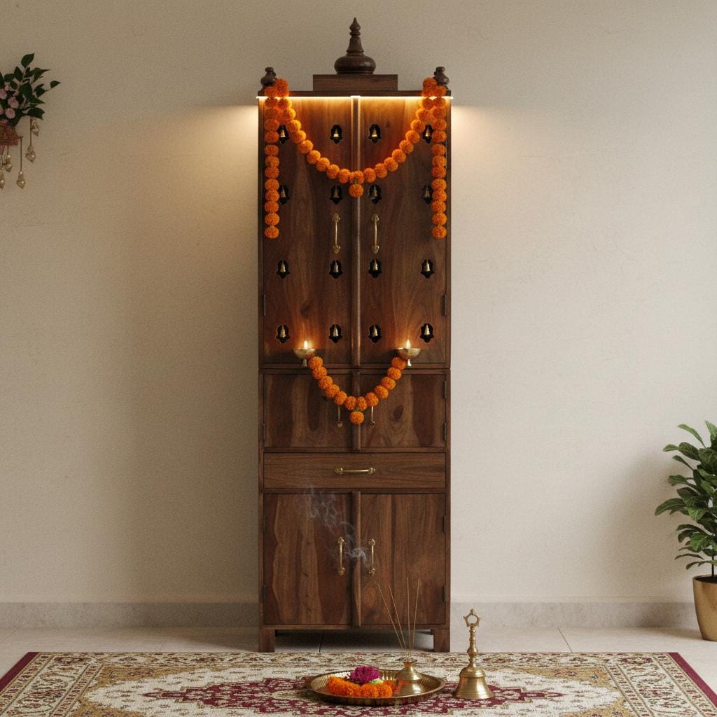 

Wooden Temple Mandir-Decorative Pooja Room Religion Mandir Stand-Hindu Religious Mandir Temple | Compartment Indian Wardrobe,Storage Almirah