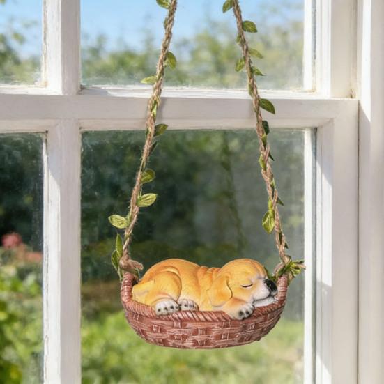 Dog Swing Ornament Cute Resin Puppy Sleeping in Woven Basket Statue Outdoor Hanging Decoration with Rope for Garden Patio Balcony Decor