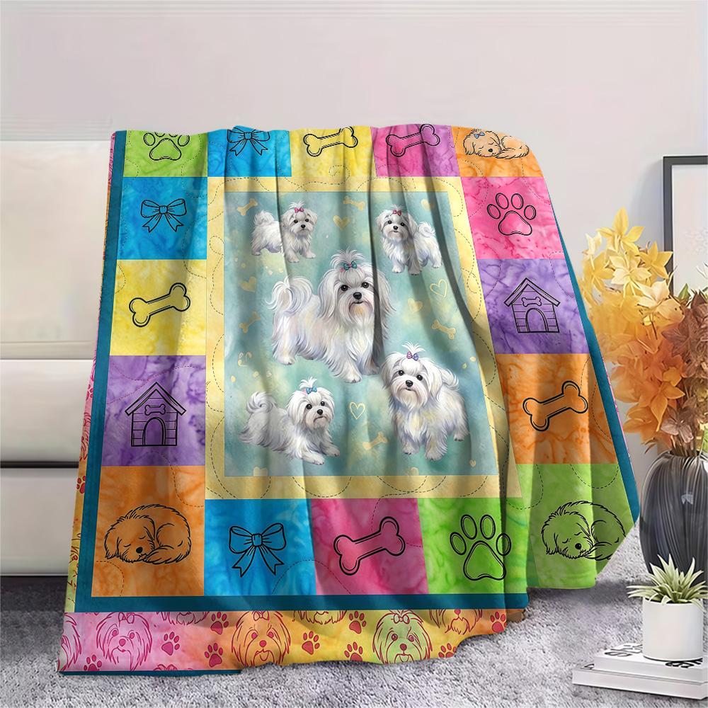 1Pc Colorful Dog Puzzle Print Flannel Blanket High Quality Warm Comfortable Cover for All Seasons Perfect for Gifts Home Decor