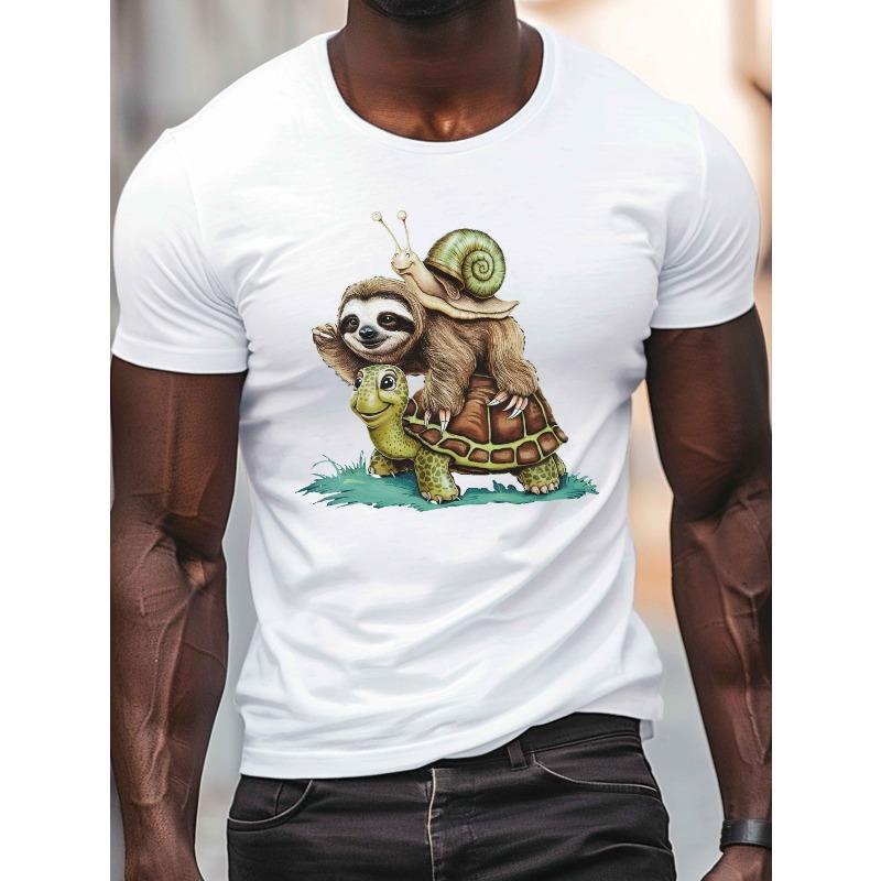 Herren Freizeit-T-Shirt mit Rundhalsausschnitt und einzigartigem Faultier & Schildkröten-Print - Leicht, atmungsaktiv für Sommerkomfort