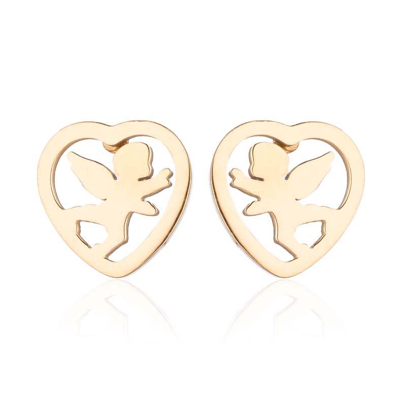 Korean Stainless Steel Peach Heart & Angel Stud Earrings - Cute Couple Jewelry Set