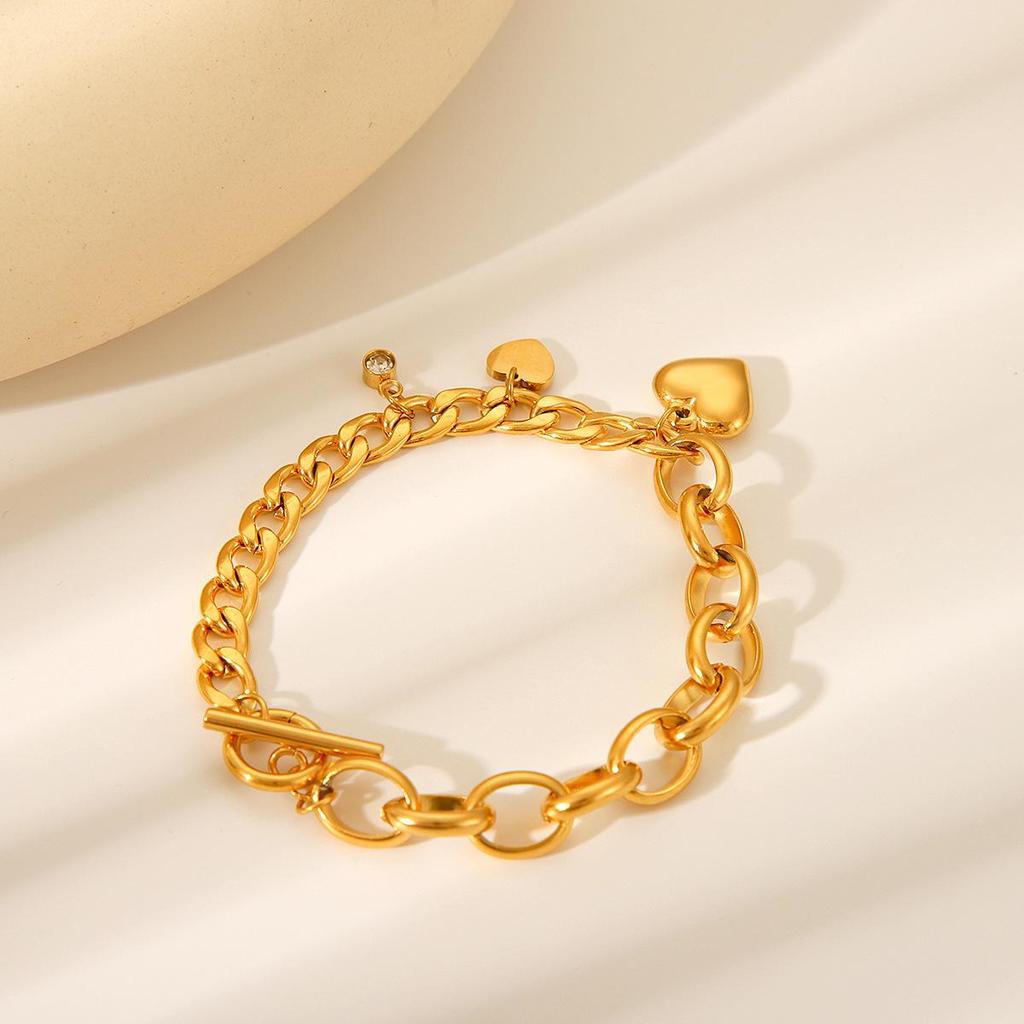 18K Gold Plated Zircon Heart Pendant Oval Cuban Chain Bracelet