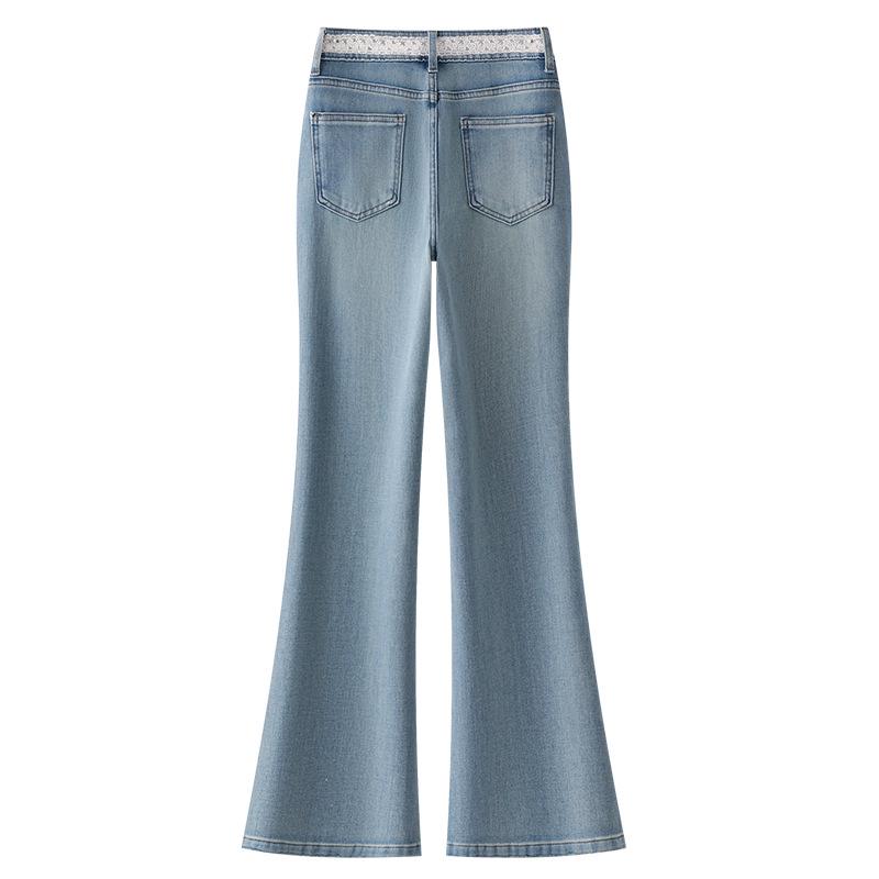 Women's High-Waist Light Color Flare Jeans with Lace Stitching - 2025 Spring/Summer Trend