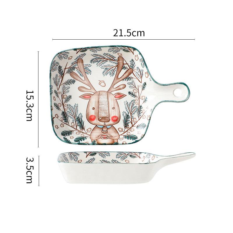Ceramic Baking Tray with Handle Forest Animal Design Bowls Creative Restaurant Household Plate Kitchen Tableware Gift
