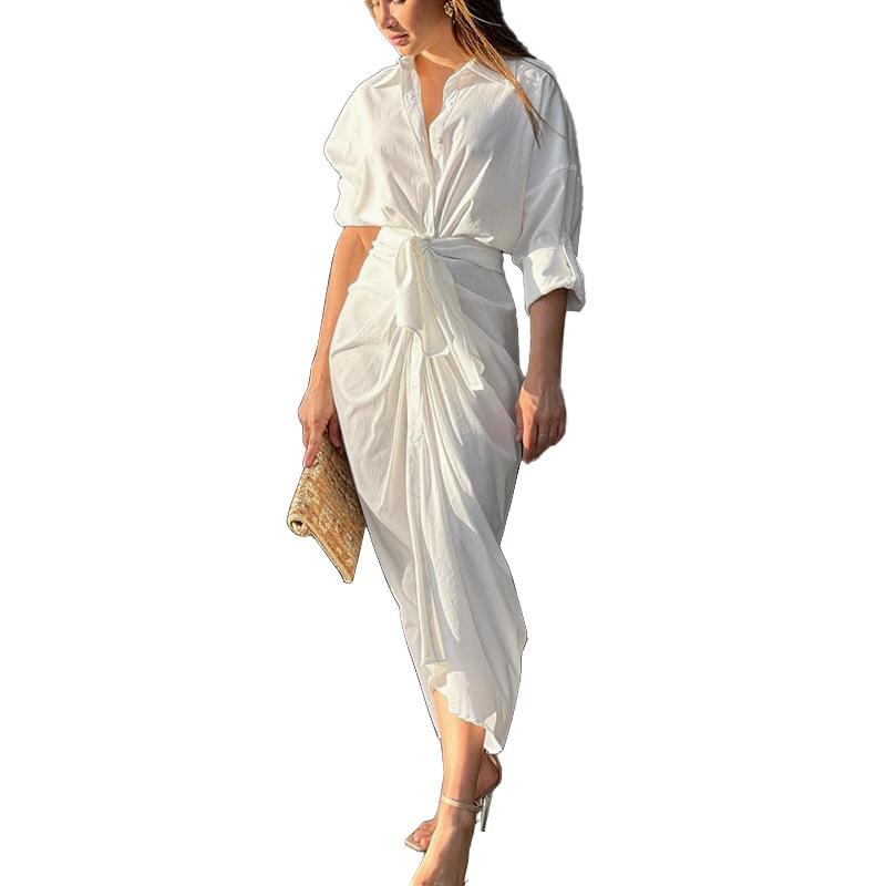 FD933 New Fashion Solid Color Long Sleeve Mid-Length Shirt Dress for Spring and Autumn