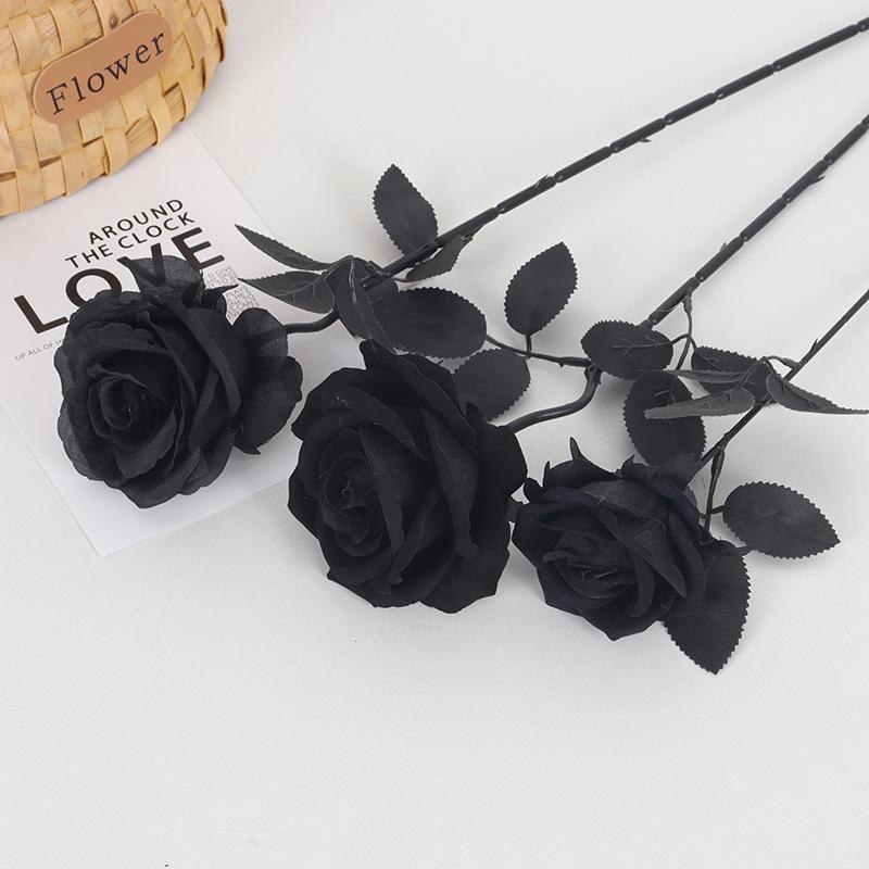 Artificial Black Roses Fake Flowers Long Stem with No Container for Halloween Festival Home Decor Wedding Party Tabletop Decor