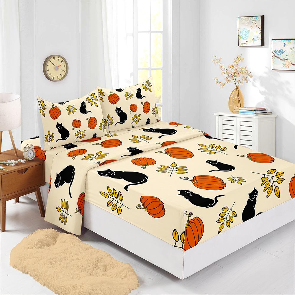 Four-Piece Mattress Set, Little Fox Pumpkin Thanksgiving 3D Digital Printing Mattress Protective Cover