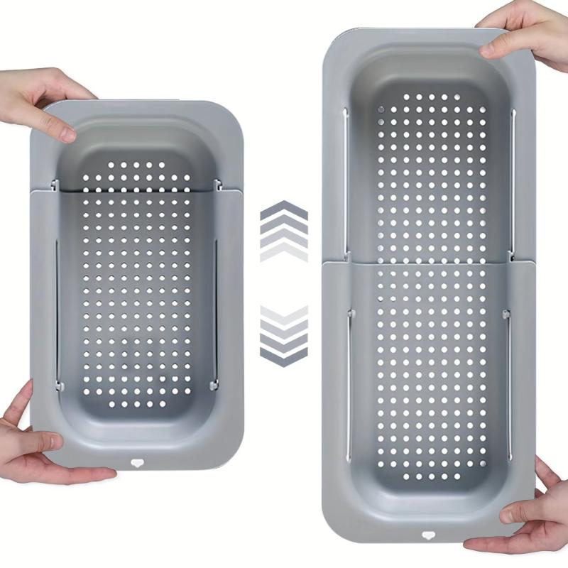 Sink Colander Basket, Organizer Storage Blue, Draining Plate - Expandable Home Kitchen Essentials (7.9Wx14.5-19.5Lx2.75H) Gray