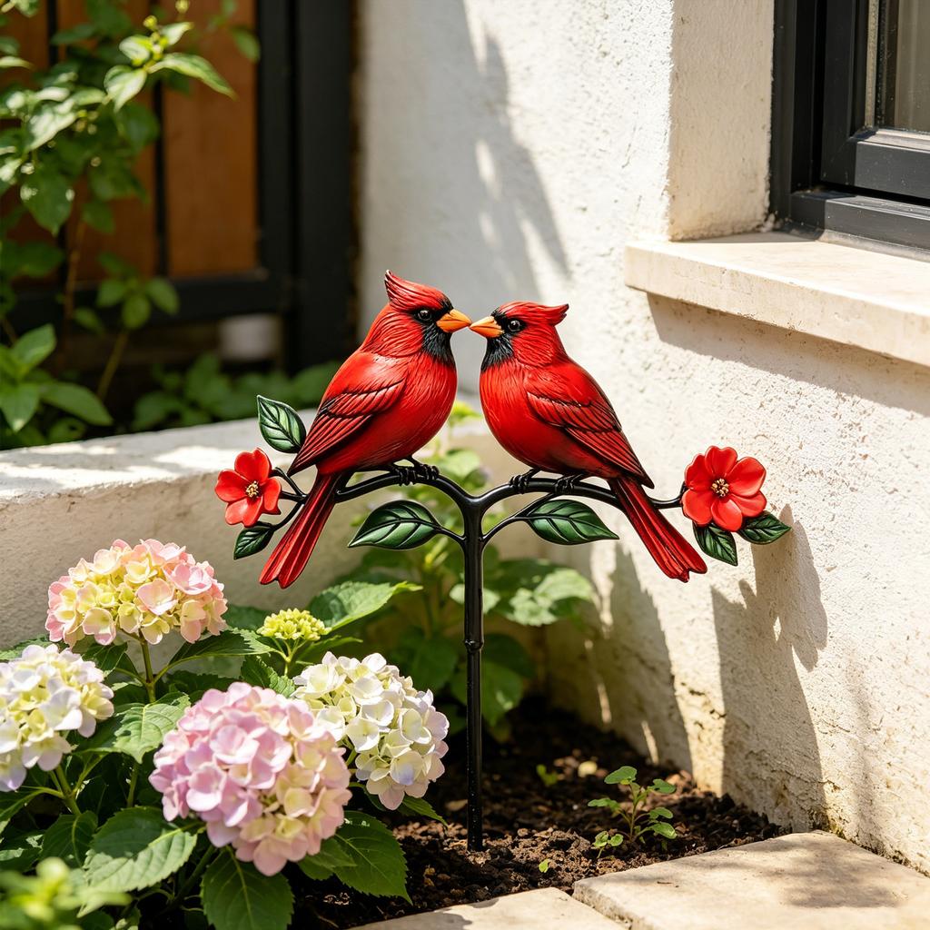 Red Bird Garden Stake Ornament, Rustic Outdoor Yard Decor for Patio and Garden