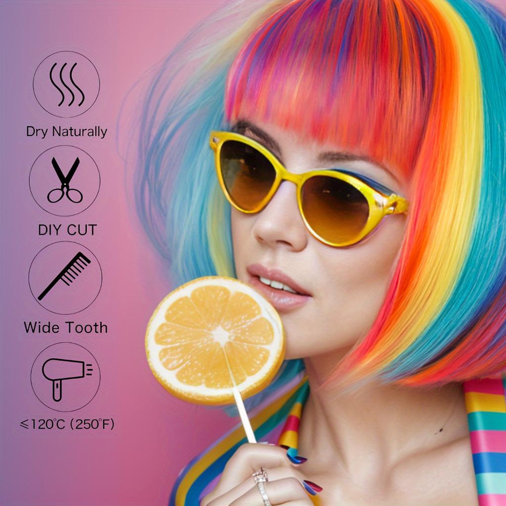 Multicolor Rainbow Wig Short Bob Wig With Bangs Straight Synthetic Cosplay Wig For Women Girls