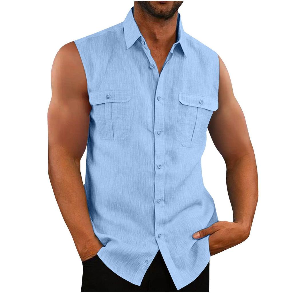 Men's Shirt Double Pocket Cotton Linen Sleeveless Shirt Comfortable and Breathable Men's Tank Top