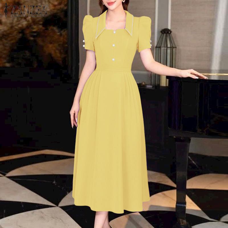 ZANZEA Damen Quadratkragen Lässig Kurzarm Elegantes Kleid