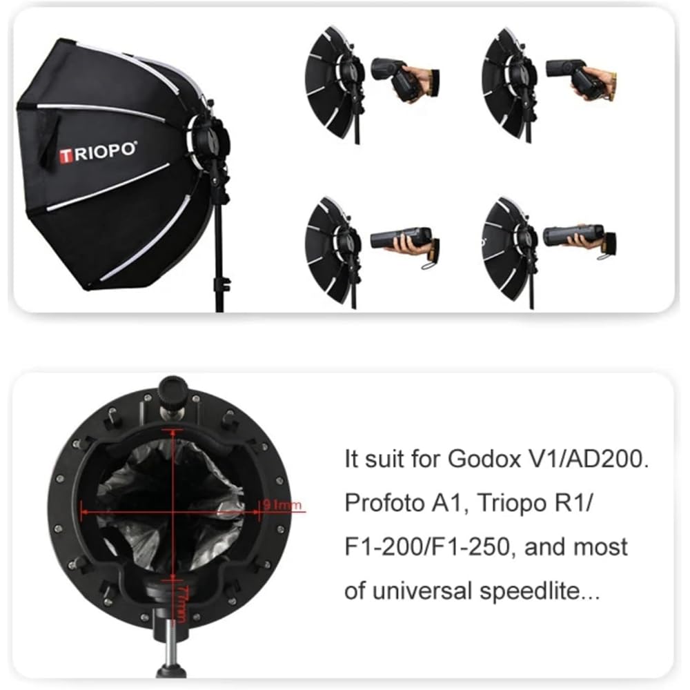 Triopo KX90 90cm/35.4-inch Foldable Outdoor Speedlight Octagonal Softbox Umbrella Softbox for Godox V1 AD200 Pro Round Head Flashlight Diffuser