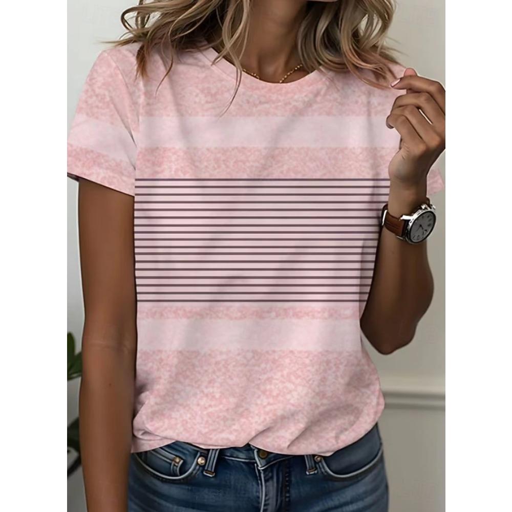 Mode Damen Retro Kreativ Machen Alte Farbe Streifen Druck T-Shirt Lustig Lässig Rundhals Kurzarm T-Shirt Sommer Damen T-Shirt