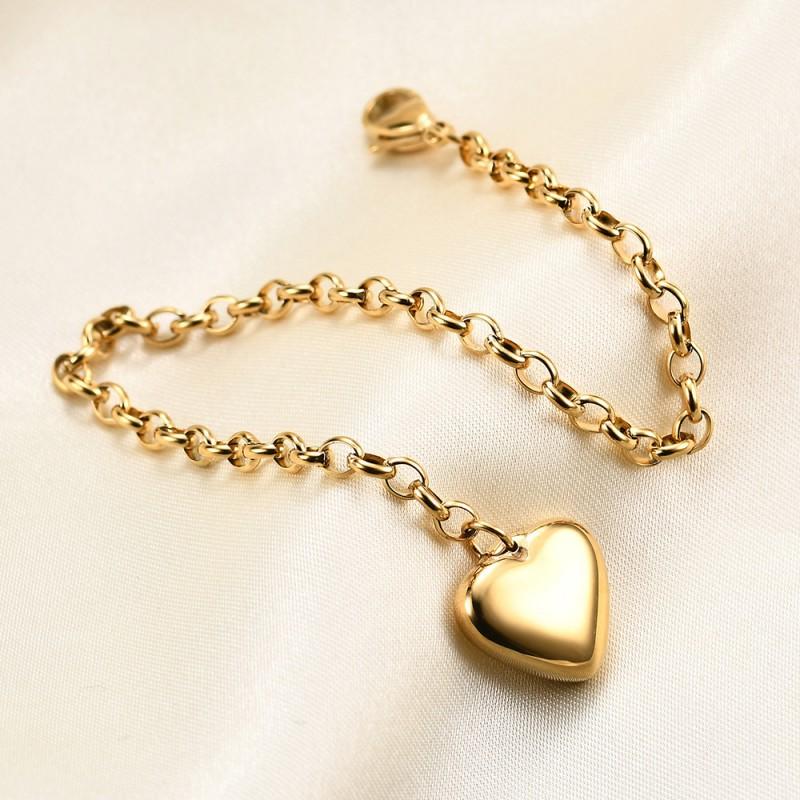 Minimalist Stainless Steel Heart Charm Bracelet Women O-Link Chain Gold Or Tone Fashion Daily Wear